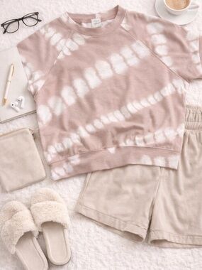 Roan + Ryan Pink Tie Dye Sweatshirt Size Small Cropped Short Sleeve Lounge Top